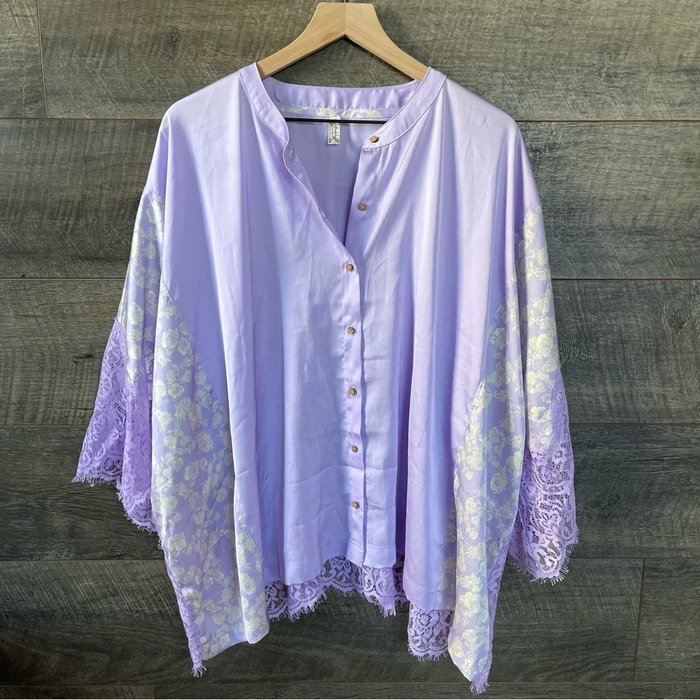 Free People Intimately Purple Night Out Sleep Shirt Top Floral Buttondown XS - Picture 4 of 8